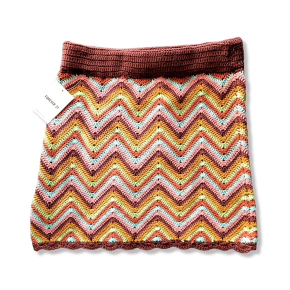 F21 Crochet Knit Cheveron Cottagecore Boho Mini Skirt, M - Picture 7 of 9